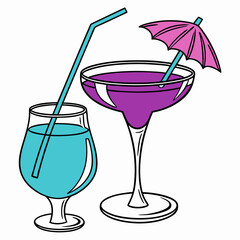 3D realistic illustration of cocktail glasses filled with fruit alcohol drinks and citrus garnish, isolated vector.