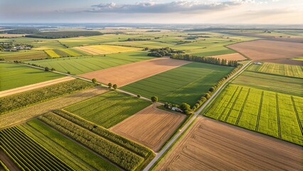 Aerial view showcasing diverse textures of farmland with fields and trees during a sunny day in the countryside