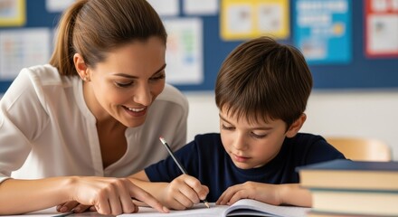 Teacher helping student with homework in classroom.
