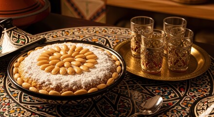 A beautifully decorated Moroccan pastry, dusted with powdered sugar and adorned with almonds, sits on a patterned tablecloth next to traditional tea glasses.