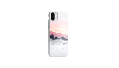 White phone case showcasing a serene landscape; pastel sunset hues over misty mountains and dark silhouettes of trees