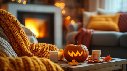 Cozy autumn living room with carved pumpkin and warm decorations  