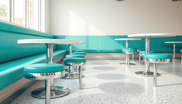 Minimalist seating arrangement with aqua banquette, glossy stools, and round tables under soft light