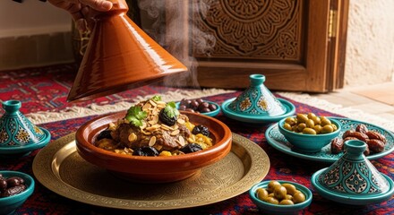 A steaming Moroccan chicken tagine with olives and dates, served in traditional earthenware on a patterned rug, with smaller tagine bowls.