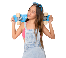 Young girl with skateboard. Fashion child in trendy style on transparent background. Happy teenager, positive and smiling emotions of teen girl. PNG transparent
