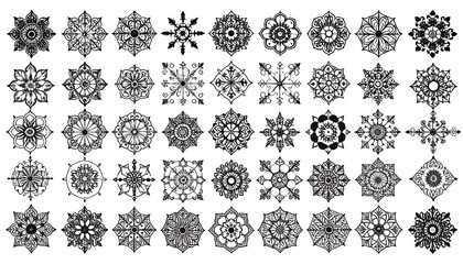 Intricate black and white symmetrical snowflake designs