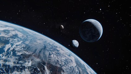 A digital rendering showcases a terrestrial planet, partially obscured, alongside three celestial bodies of varying sizes in the vast expanse of space, speckled with distant stars
