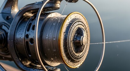 Close-up of a fishing reel with water droplets, showcasing its intricate design against a serene lake backdrop