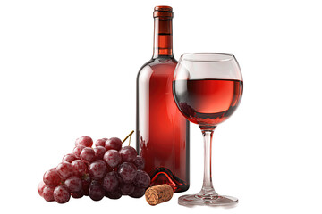 Obraz premium Burgundy wine bottle with filled glass, cork in front and grape cluster to the side, subtle highlights on bottle surface, transparent background. 