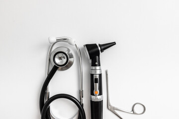 Collection of vital instruments utilized in a hearing clinic highlights the professionalism and care in audiology. Hearing health concept