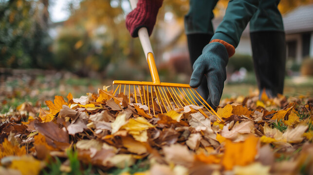 Person raking colorful autumn leaves into a pile in a backyard  