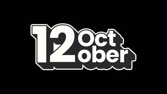 12 October Black Calendar Sticker Animation, Transparent Background
