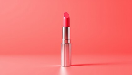 Elegant chrome lipstick standing gracefully on a matching peach background with a subtle shadow beneath it