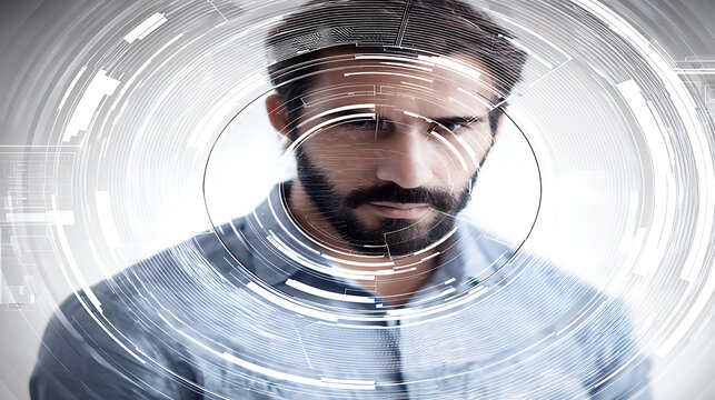 Man with digital interface overlay, futuristic technology visualization - Powered by Adobe