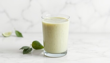 Freshly blended green smoothie in a glass with a marble surface, basil leaves, and lime showcasing a nutritious drink