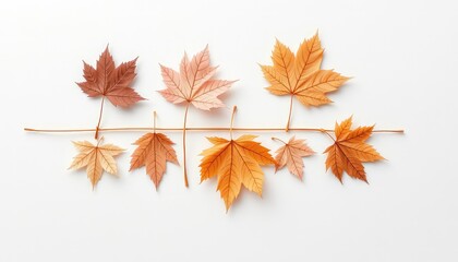 Autumnal equinox inspired arrangement of maple foliage on a plain backdrop evoking feelings of fall and the changing seasons