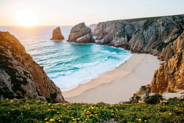 Coastal beach scene at sunset.  Rocky cliffs frame a sandy beach, turquoise water