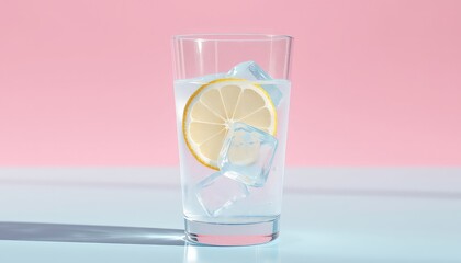 Refreshing citrus beverage with clear ice cubes, featuring clean simple backdrop and bright light to portray crisp and invigorating drink