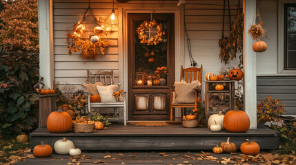 Obraz premium Cozy autumn porch decorated with vintage pumpkins and warm lights 