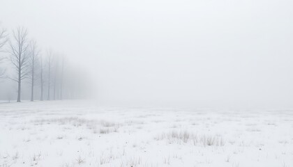 Winter's Pale Embrace A Snowy Landscape Where Trees Fade Into the Mystical Haze, Blanketing the Frozen Plains in a Serene, Almost Ethereal Light