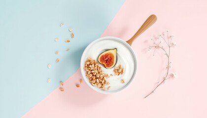 Healthy breakfast bowl featuring creamy yogurt, granola, a ripe fig, and delicate flowers against a pastel colored background.