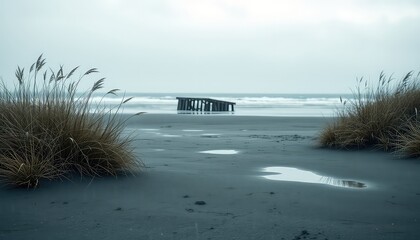 Moody coastal landscape featuring wild grasses, tide pools, and remnants of an old structure amidst a serene, overcast atmosphere