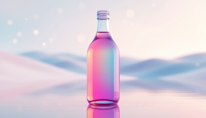 Translucent container filled with colorful liquid creates ripples against a dreamy, soft focus pastel landscape