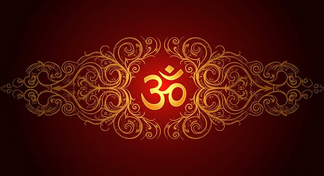 Golden om symbol with floral ornament on red background. Hindu symbol.