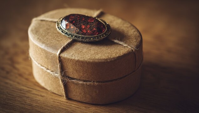 Oval craft box with a red gem brooch