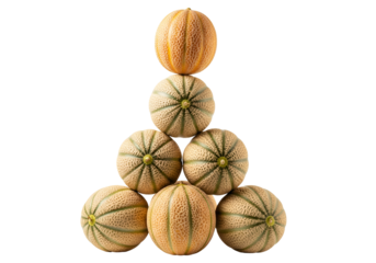 A triangular arrangement of cantaloupes displays the smooth, textured surfaces of the melons against a bold black background.