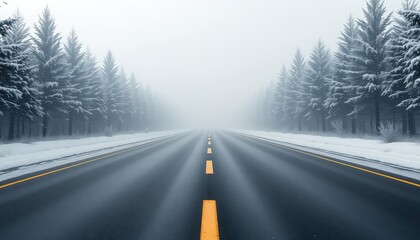 A Cold, Smooth Road Through a Forest in Winter, a Misty Ambience with Yellow Center Lines