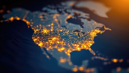Golden Light Patterns Illuminating a Dark Oceanic Depiction of Populated Areas in a Continental Land Mass