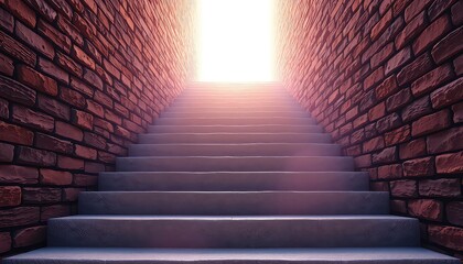 Stairway Ascending Between Aged Brick Walls Leading to Radiant Light Representing Progress and an Uncertain Future Ahead