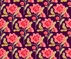 Seamless flower pattern with red pencil drawings. Elegant blooming stems and vintage texture. Colored floral ornament on dark background. Artistic surface design.