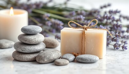 Simple luxury a fragrant soap wrapped with twine resting near smooth stones, a candle, and delicate purple flowers