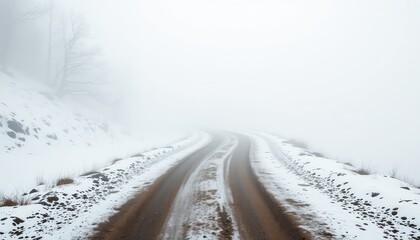 Winding Road Disappearing into Thick Fog and Snow, Creating an Eerie Sense of Isolation and Mystery in a Winter Landscape