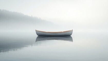 Solitary boat drifting gently on a still, misty lake, reflecting the soft, serene light, creating a peaceful, ethereal water scene