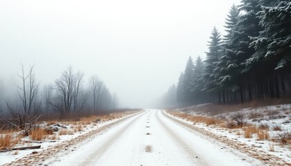 Snowy path meandering through a tranquil forest enveloped in thick fog, hinting at the serene beauty of nature's winter landscape