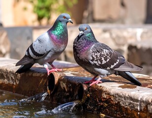 Two pigeons at a fountain