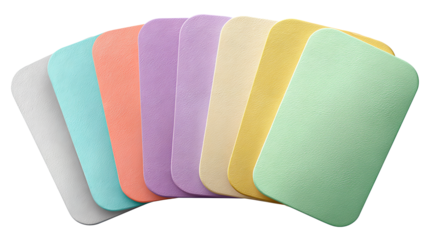 Set of pastel sticky labels in mint, coral, lilac, sand, sky and lemon, rounded corners with slight peel lift, fanned like cards, transparent background.