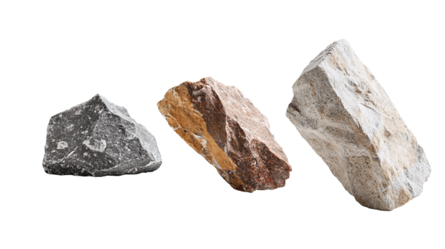 Granite, basalt and sandstone rocks grouped in a rising sequence, rugged forms with natural grain structure, transparent background.
