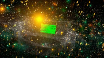 Abstract animation of big data processing in a virtual reality network with glowing numbers and a green screen element, representing digital information, coding, and futuristic finance - Powered by Adobe