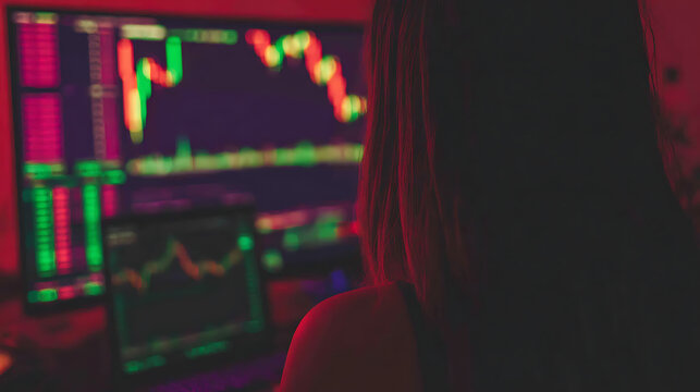 Person analyzing financial charts on computer monitors in a dimly lit room with colorful data displays - Powered by Adobe