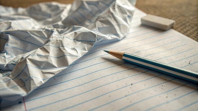 Crumpled notebook paper and pencil on a desk indicate brainstorming or discarded ideas in a creative workspace