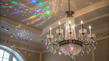 Obraz premium Crystal chandelier casts colorful prism reflections in elegant interior setting during daytime