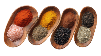 Five acacia wooden bowls arranged in an arc, filled with paprika, turmeric, cumin seeds, pink salt and black peppercorns, warm earthy tones, transparent background.
