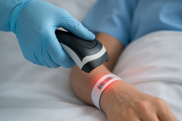 A close-up image of a healthcare worker scanning a patient’s wristband using a barcode reader. The red light reflects accuracy in patient identification, hospital safety protocols, and digital record