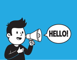 Man holding megaphone shouting hello message announcement