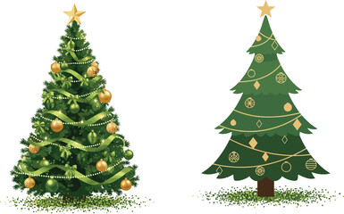 Realistic and Stylized Christmas Tree Side by Side in Festive Holiday Vector Illustration with Gold Ornaments, Ribbon, and Star Topper