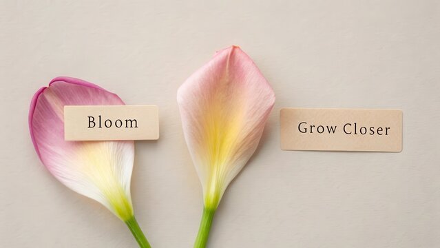 Delicate Flower Petals with Inspirational Labels Bloom and Grow Closer